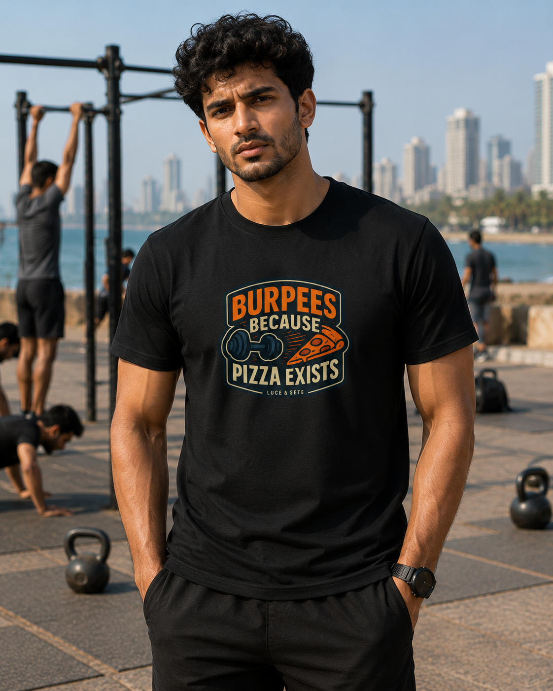 LUCE & SETE GPT mockup 1 - Burpees Because Pizza Exists Classic Graphic T-Shirt for Men | Fitness Humor Streetwear - 520_9391800647917_unisex-classic-crew-t-shirt-65_NO_EXCUSES_front_HERO_20260605_221251.png