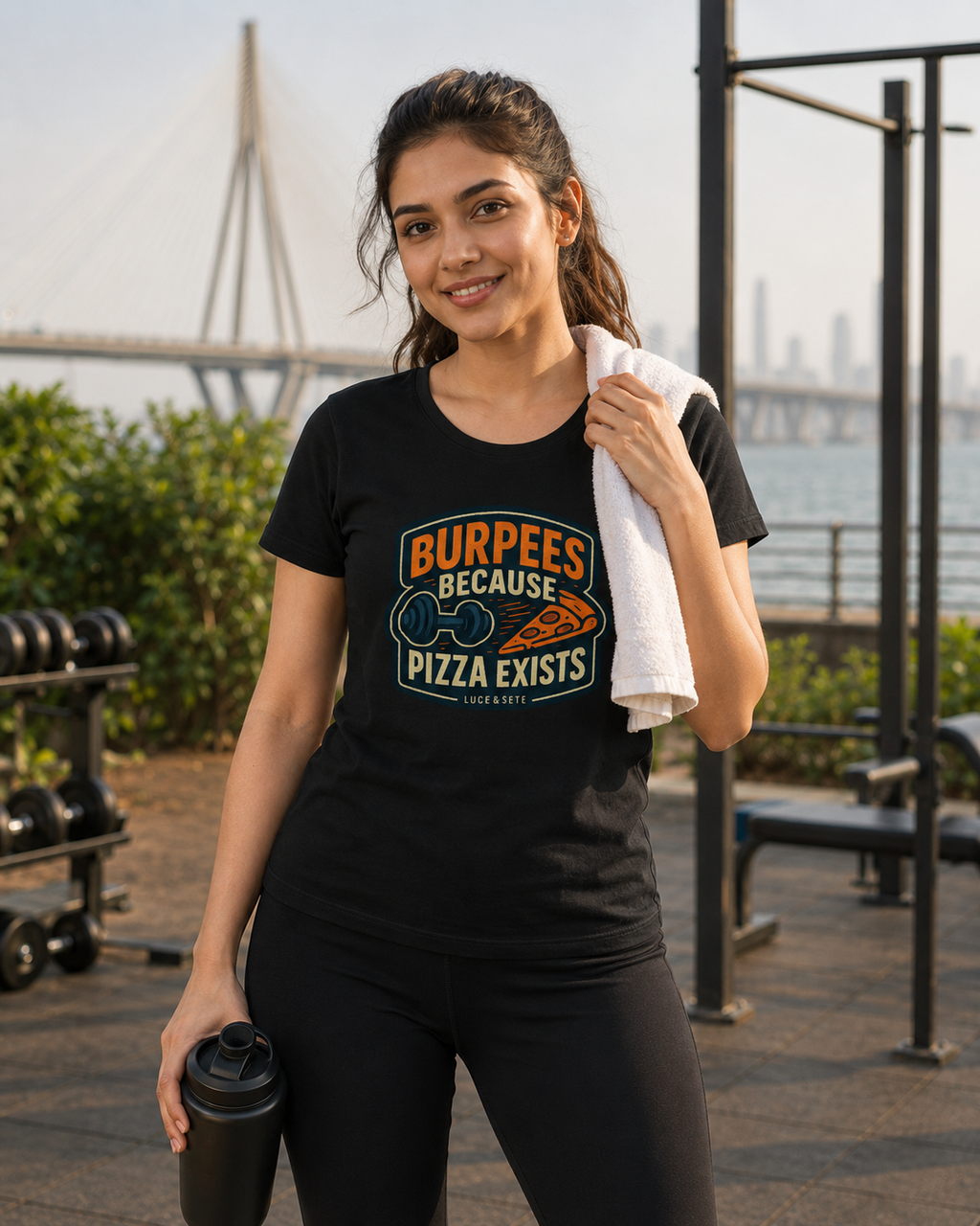 LUCE & SETE GPT mockup 1 - Burpees Because Pizza Exists Classic Graphic T-Shirt for Women | Fun Fitness Streetwear - 520_9391840985325_womens-classic-t-shirt-67_NO_EXCUSES_front_HERO_20260605_232247.png