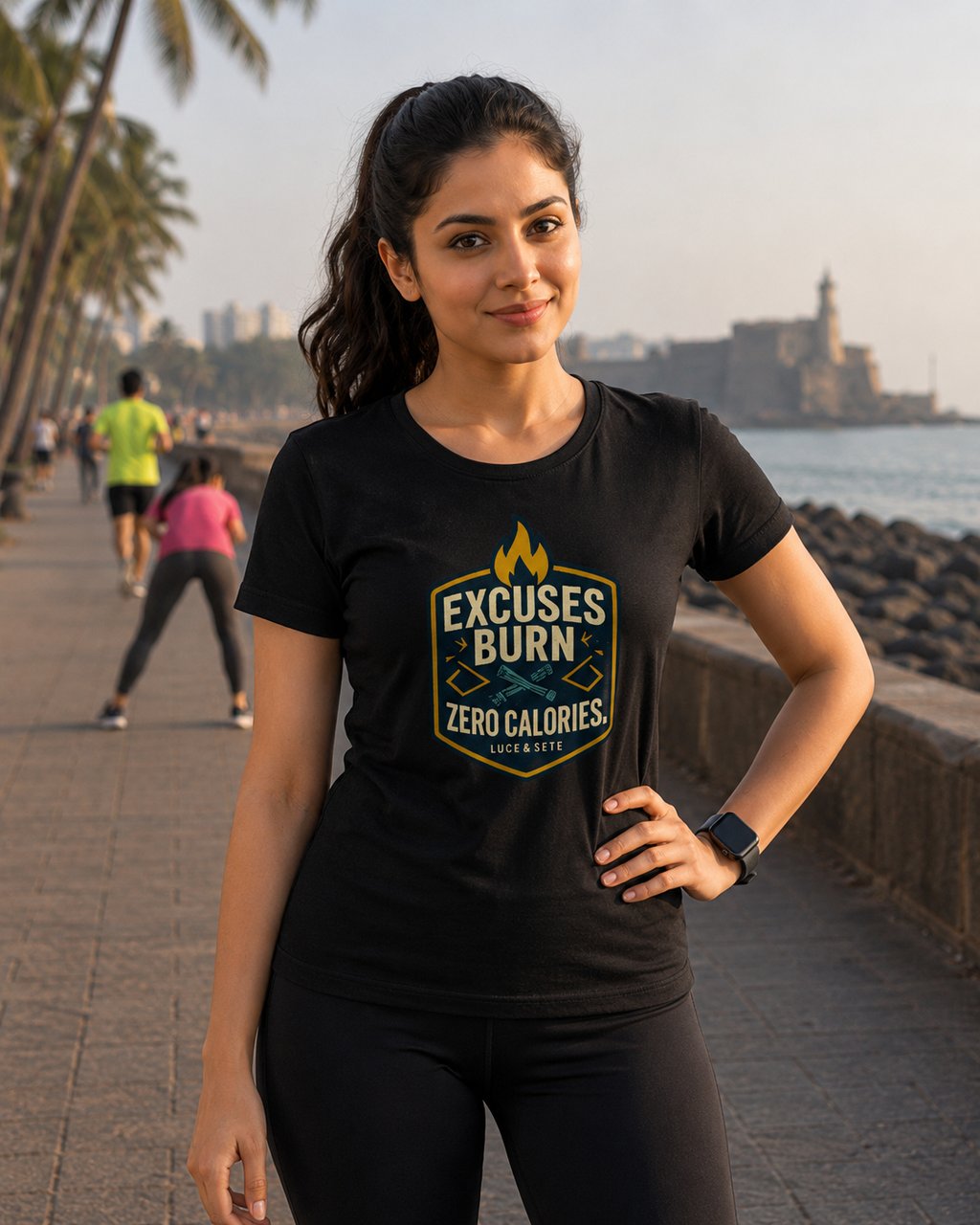 LUCE & SETE GPT mockup 1 - Excuses Burn Zero Calories Classic Graphic T-Shirt for Women | Motivational Fitness Streetwear - 520_9391841673453_womens-classic-t-shirt-68_NO_EXCUSES_front_HERO_20260605_232542.png