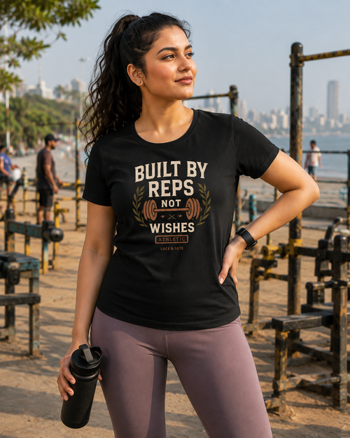 LUCE & SETE GPT mockup 1 - Built By Reps Not Wishes Classic Graphic T-Shirt for Women | Fitness Motivation Streetwear - 520_9391842590957_womens-classic-t-shirt-71_NO_EXCUSES_front_HERO_20260605_233347.png