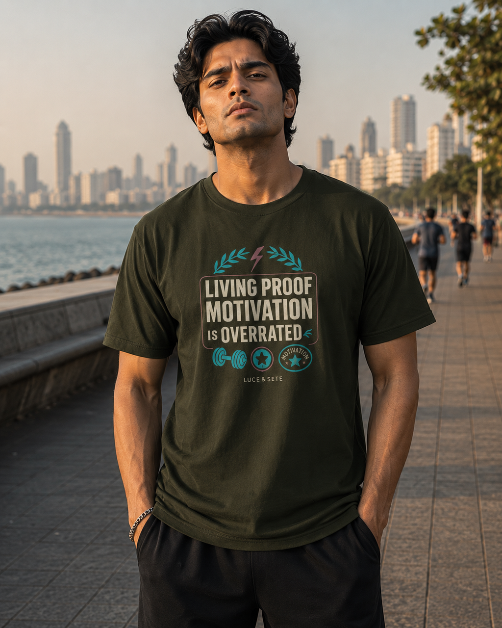 LUCE & SETE GPT mockup 1 - Living Proof Motivation Is Overrated Classic Graphic T-Shirt for Men | No Excuses Streetwear - 520_9392435495149_unisex-classic-crew-t-shirt-77_NO_EXCUSES_front_HERO_20260606_012056.png