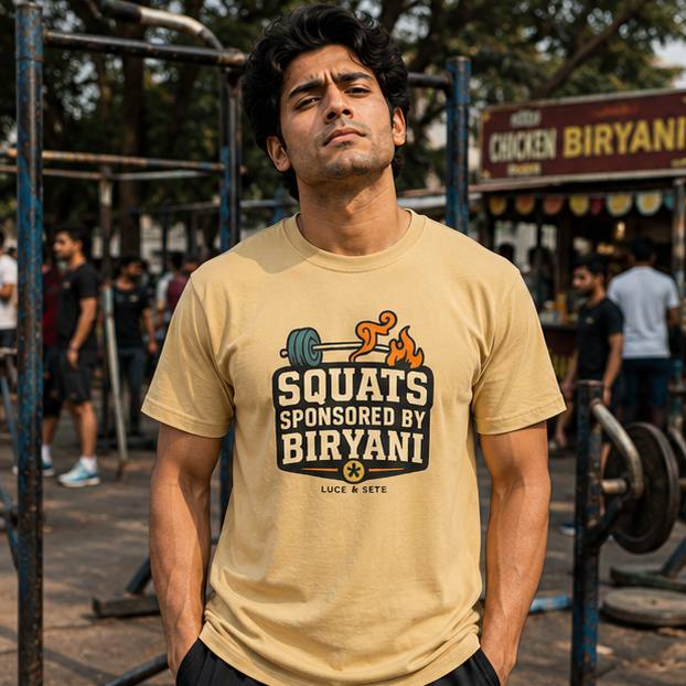 LUCE & SETE GPT mockup 1 - Squats Sponsored by Biryani Classic Graphic T-Shirt for Men | Fitness Humor Streetwear - 520_9392435658989_unisex-classic-crew-t-shirt-78_NO_EXCUSES_GRID_20260606_012210_01_row1_col1.png