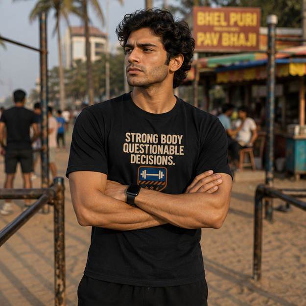 LUCE & SETE GPT mockup 1 - Strong Body Questionable Decisions Classic Graphic T-Shirt for Men | Fitness Humor Streetwear - 520_9392436019437_unisex-classic-crew-t-shirt-80_NO_EXCUSES_GRID_20260606_012807_01_row1_col1.png