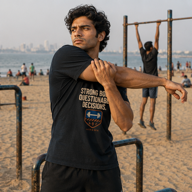 LUCE & SETE GPT mockup 1 - Strong Body Questionable Decisions Classic Graphic T-Shirt for Men | Fitness Humor Streetwear - 520_9392436019437_unisex-classic-crew-t-shirt-80_NO_EXCUSES_GRID_20260606_012807_02_row1_col2.png