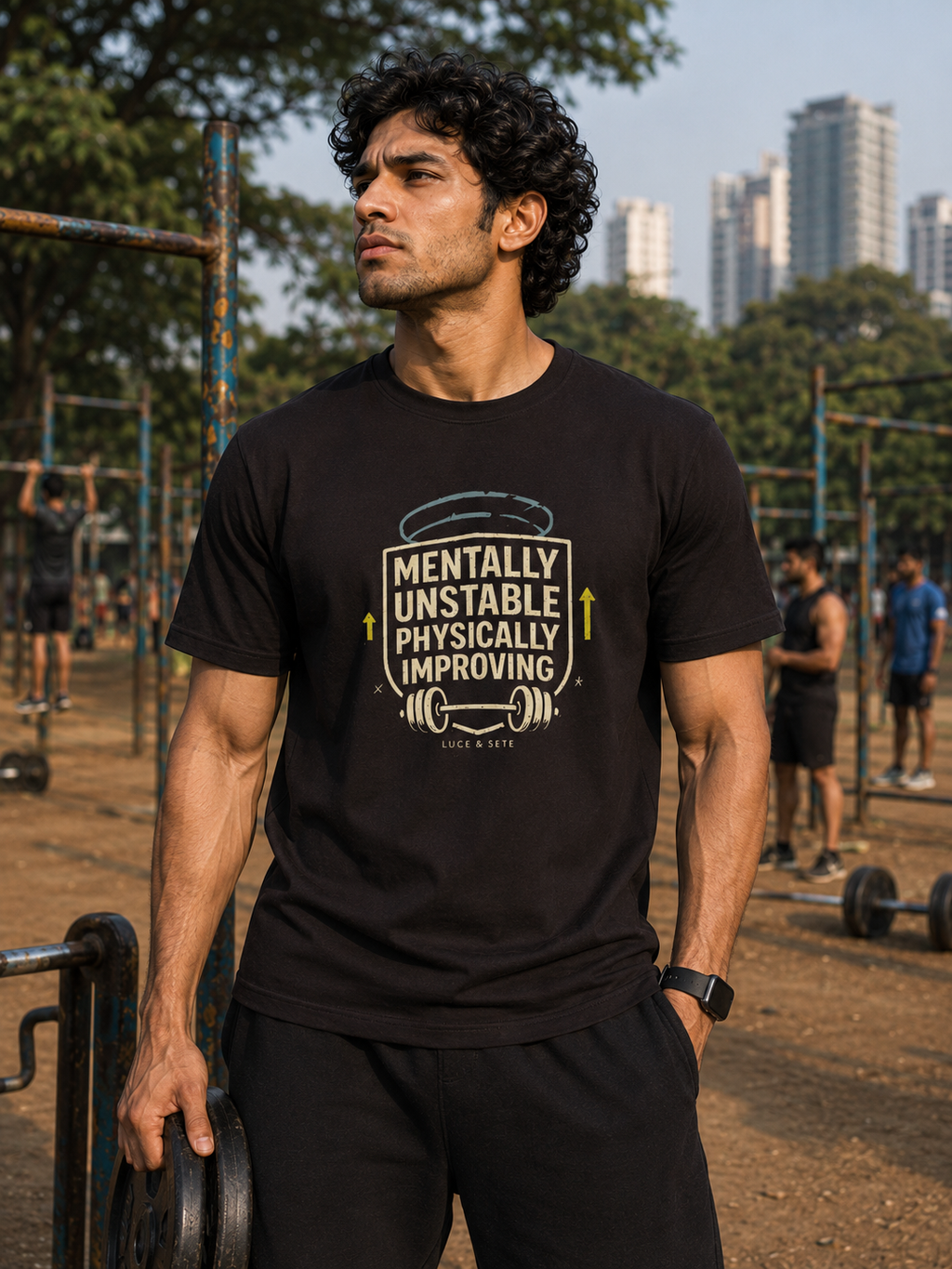 LUCE & SETE GPT mockup 1 - Mentally Unstable Physically Improving Classic Graphic T-Shirt for Men | Fitness Motivation Streetwear - 520_9392436052205_unisex-classic-crew-t-shirt-81_NO_EXCUSES_front_HERO_20260606_013204.png