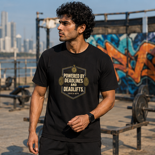 LUCE & SETE GPT mockup 1 - Powered by Deadlines and Deadlifts Classic Graphic T-Shirt for Men | Fitness Motivation Streetwear - 520_9392436117741_unisex-classic-crew-t-shirt-82_NO_EXCUSES_GRID_20260606_013343_02_row1_col2.png