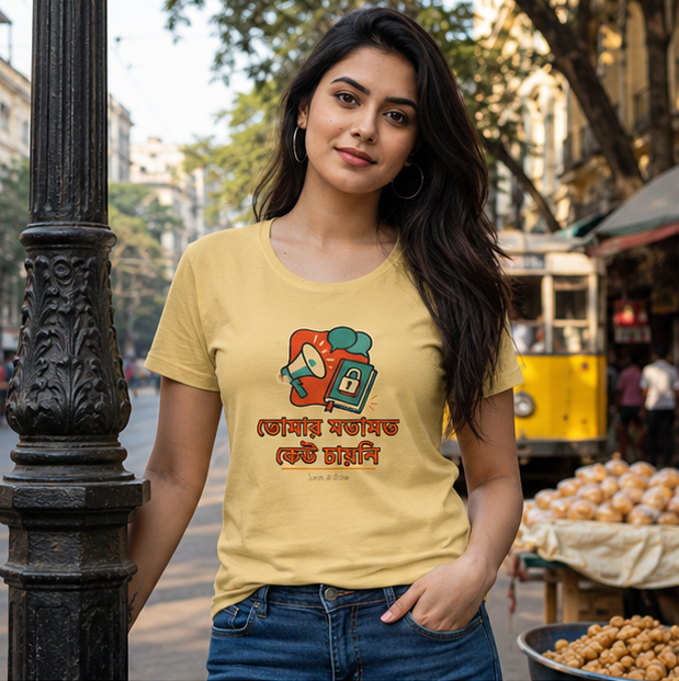 LUCE & SETE GPT mockup 1 - তোমার মতামত কেউ চায়নি Classic Graphic T-Shirt for Women | Bold Bengali Statement - 555_9393370235117_womens-classic-t-shirt-94_BENGALI_GRID_20260607_175211_01_row1_col1.png