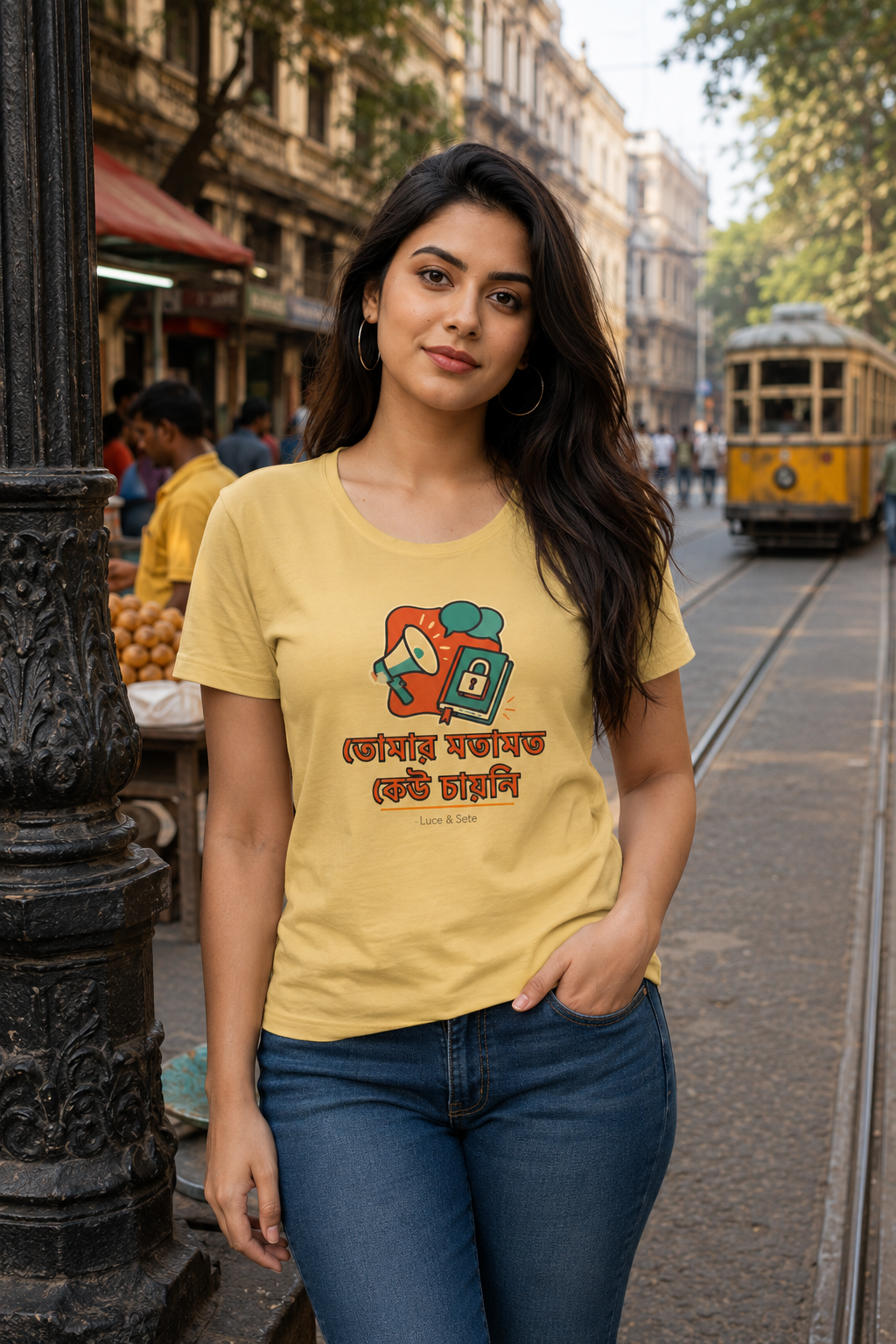LUCE & SETE GPT mockup 1 - তোমার মতামত কেউ চায়নি Classic Graphic T-Shirt for Women | Bold Bengali Statement - 555_9393370235117_womens-classic-t-shirt-94_BENGALI_front_HERO_20260607_175356.png