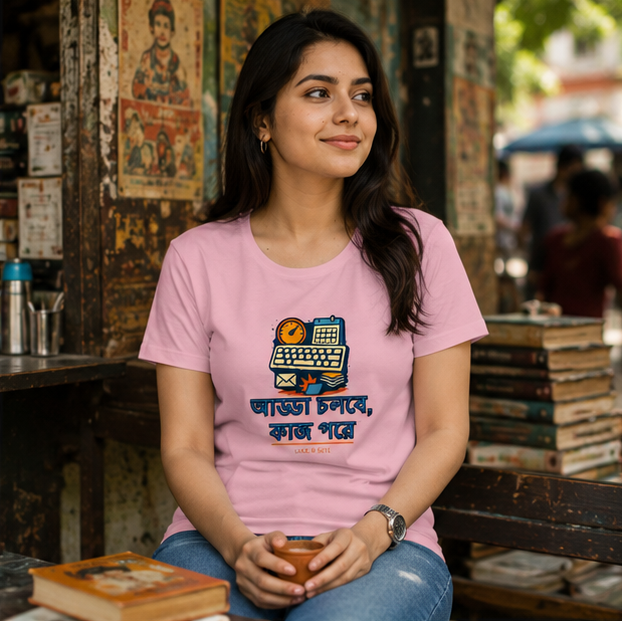 LUCE & SETE GPT mockup 1 - আড্ডা চলবে Classic Graphic T-Shirt for Women | Bengali Work-Life Humor - 555_9393379573997_womens-classic-t-shirt-110_BENGALI_GRID_20260607_193841_02_row1_col2.png