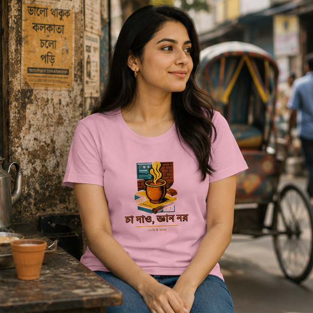 LUCE & SETE GPT mockup 1 - চা দাও, জ্বাল নয় Classic Graphic T-Shirt for Women | Bengali Comfort Streetwear - 555_9393379639533_womens-classic-t-shirt-111_BENGALI_GRID_20260607_194142_02_row1_col2.png
