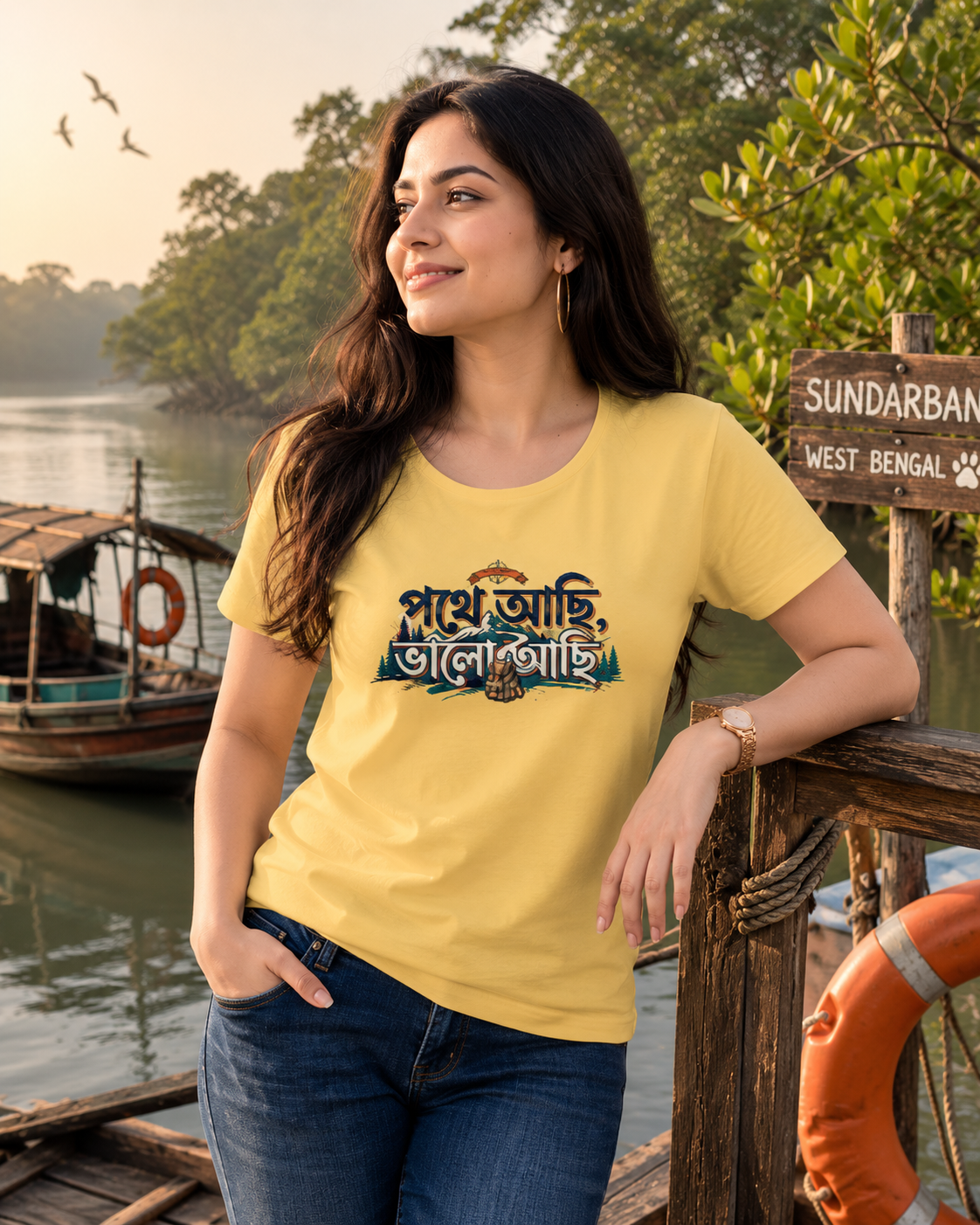 LUCE & SETE GPT mockup 1 - পথে আছি ভালো আছি Classic Graphic T-Shirt for Women | Bengali Positive Streetwear - 555_9395055755501_womens-classic-t-shirt-114_BENGALI_front_HERO_20260609_104812.png