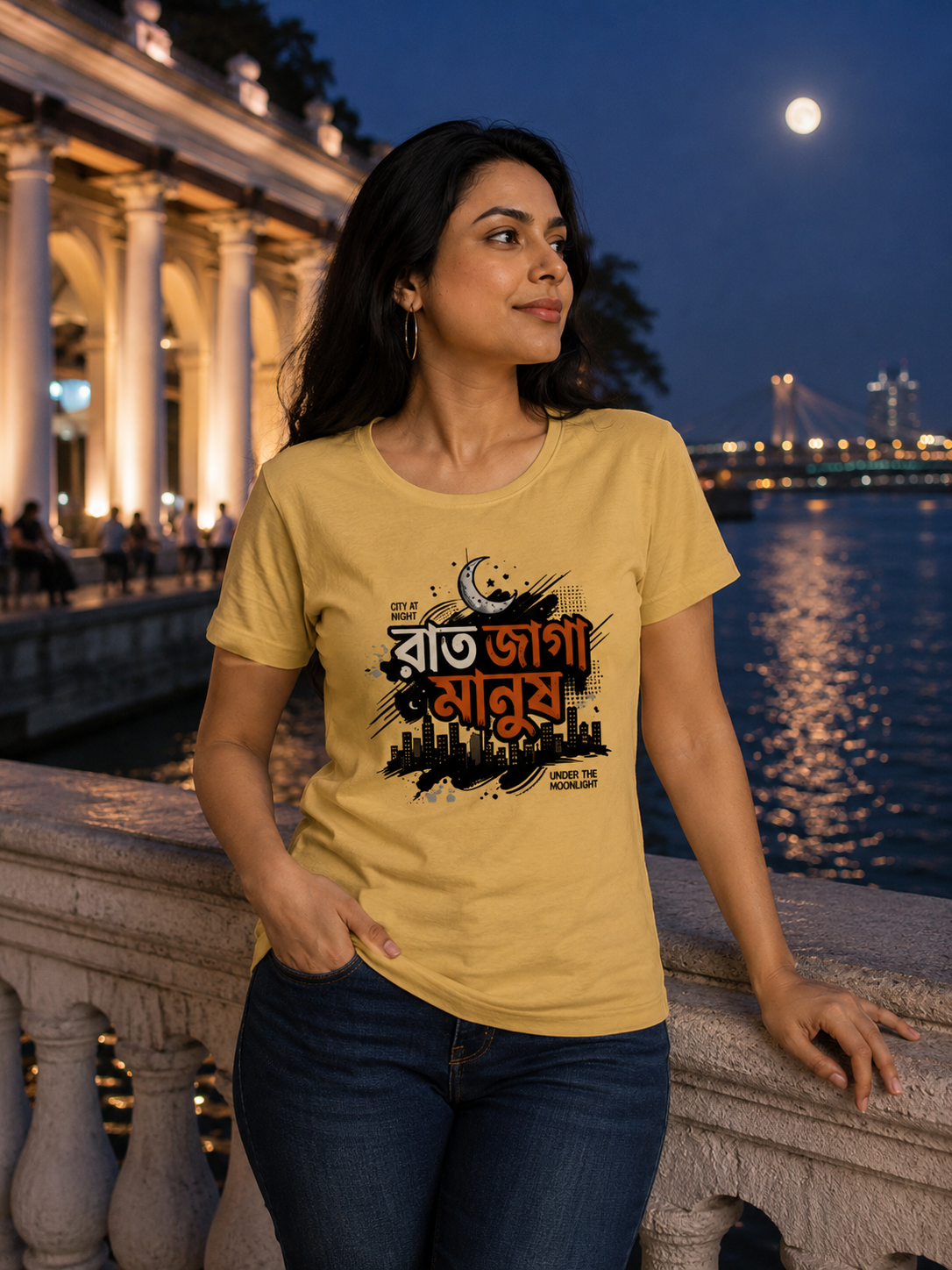 LUCE & SETE GPT mockup 1 - Night Awake People Classic Graphic T-Shirt for Women | Bengali Nightlife Statement - 555_9395056115949_womens-classic-t-shirt-116_BENGALI_front_HERO_20260609_105430.png
