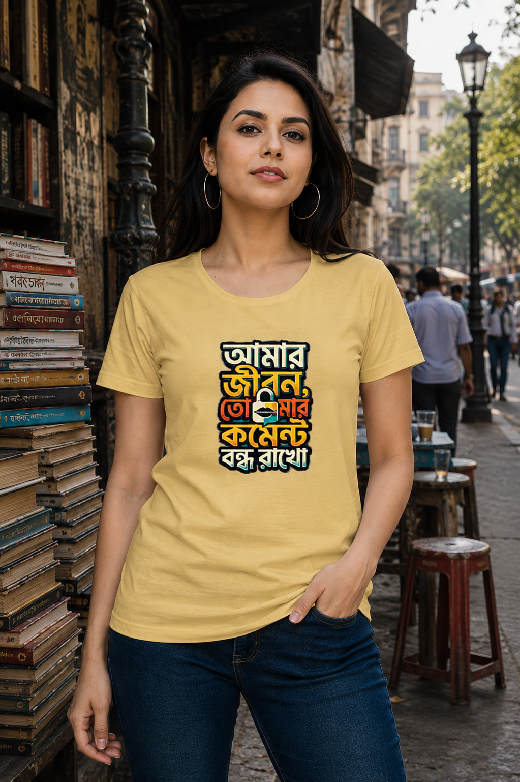LUCE & SETE GPT mockup 1 - আমার জীবন কমেন্ট বন্ধ Classic Graphic T-Shirt for Women | Bold Bengali Statement T-Shirt - 555_9395254788333_womens-classic-t-shirt-118_BENGALI_front_HERO_20260609_150538.png