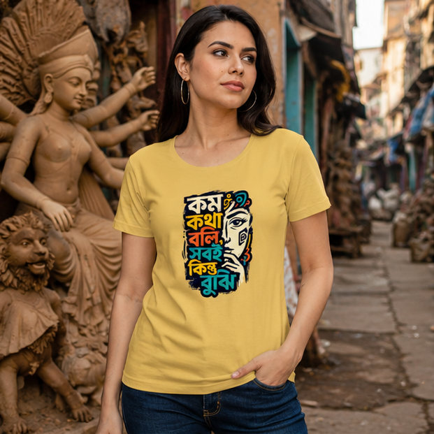 LUCE & SETE GPT mockup 1 - কম কথা বলি সবই কিন্তু বুঝি Classic Graphic T-Shirt for Women | Bengali Identity Statement - 555_9395255083245_womens-classic-t-shirt-120_BENGALI_GRID_20260609_150648_01_row1_col1.png