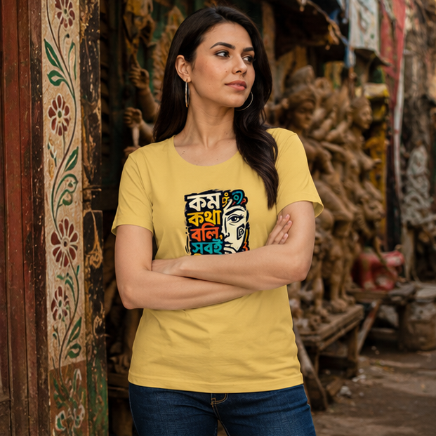 LUCE & SETE GPT mockup 1 - কম কথা বলি সবই কিন্তু বুঝি Classic Graphic T-Shirt for Women | Bengali Identity Statement - 555_9395255083245_womens-classic-t-shirt-120_BENGALI_GRID_20260609_150648_02_row1_col2.png