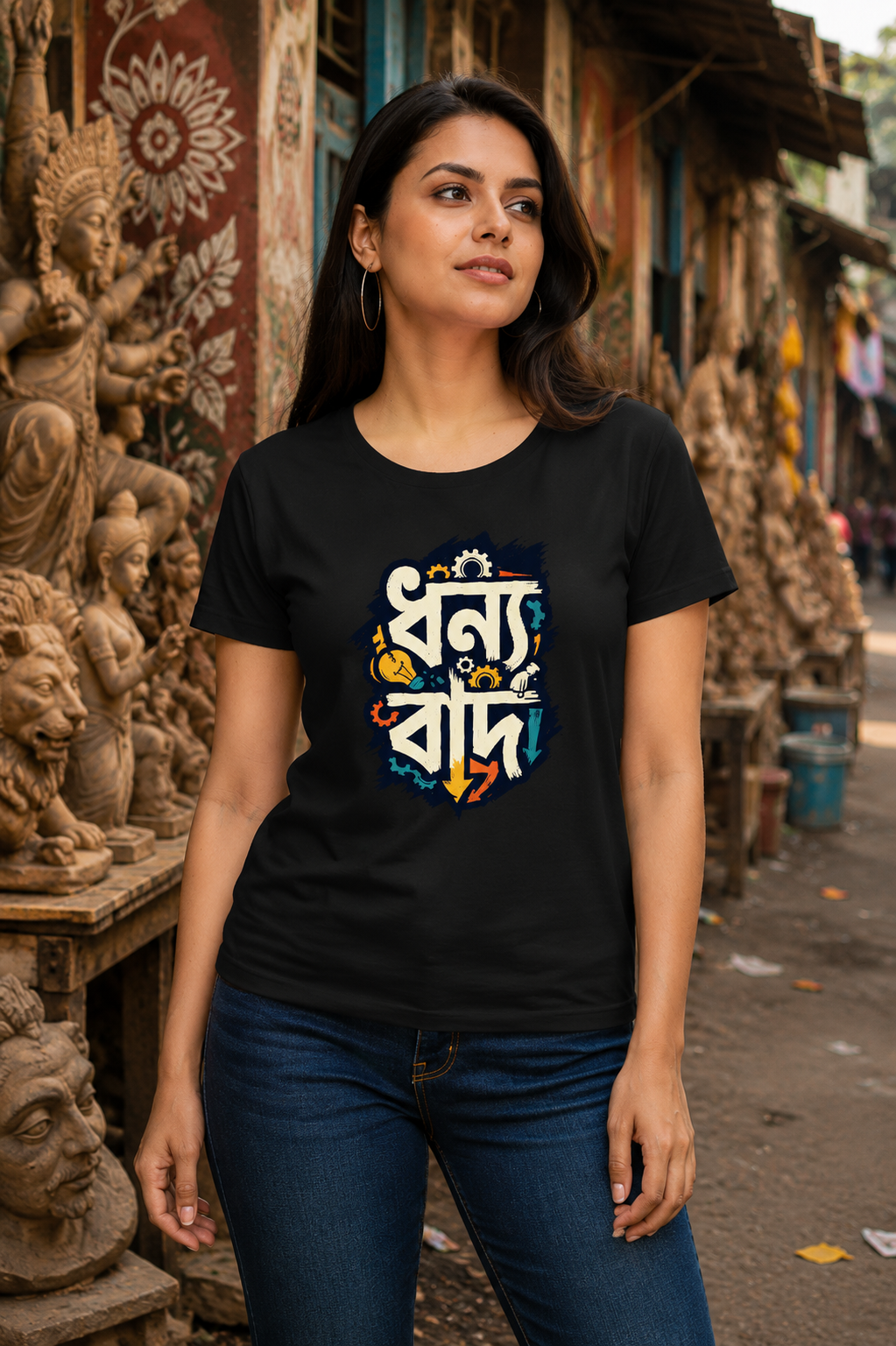 LUCE & SETE GPT mockup 1 - ধন্যবাদ Bengali Typography Classic Graphic T-Shirt for Women | Bengali Pride Streetwear - 555_9395255279853_womens-classic-t-shirt-121_BENGALI_front_HERO_20260609_151259.png