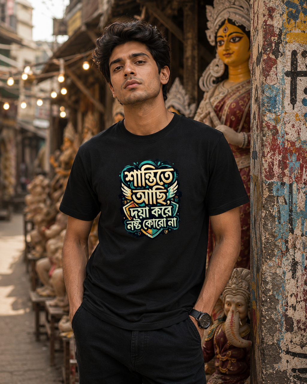 LUCE & SETE GPT mockup 1 - Peaceful Bengali Typography Classic Graphic T-Shirt for Men | Respectful Attitude Streetwear - 555_9395345391853_unisex-classic-crew-t-shirt-113_BENGALI_front_HERO_20260609_175225.png