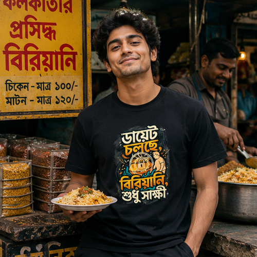 LUCE & SETE GPT mockup 1 - Diet Mode Biryani Witness Classic Graphic T-Shirt for Men | Bengali Humor Streetwear - 555_9395345719533_unisex-classic-crew-t-shirt-117_BENGALI_GRID_20260609_180439_01_row1_col1.png