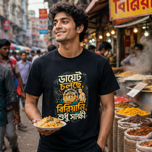 LUCE & SETE GPT mockup 1 - Diet Mode Biryani Witness Classic Graphic T-Shirt for Men | Bengali Humor Streetwear - 555_9395345719533_unisex-classic-crew-t-shirt-117_BENGALI_GRID_20260609_180439_02_row1_col2.png
