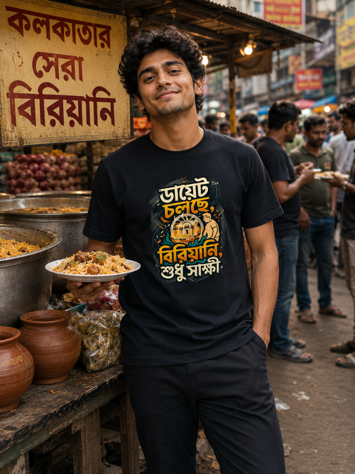 LUCE & SETE GPT mockup 1 - Diet Mode Biryani Witness Classic Graphic T-Shirt for Men | Bengali Humor Streetwear - 555_9395345719533_unisex-classic-crew-t-shirt-117_BENGALI_front_HERO_20260609_180712.png