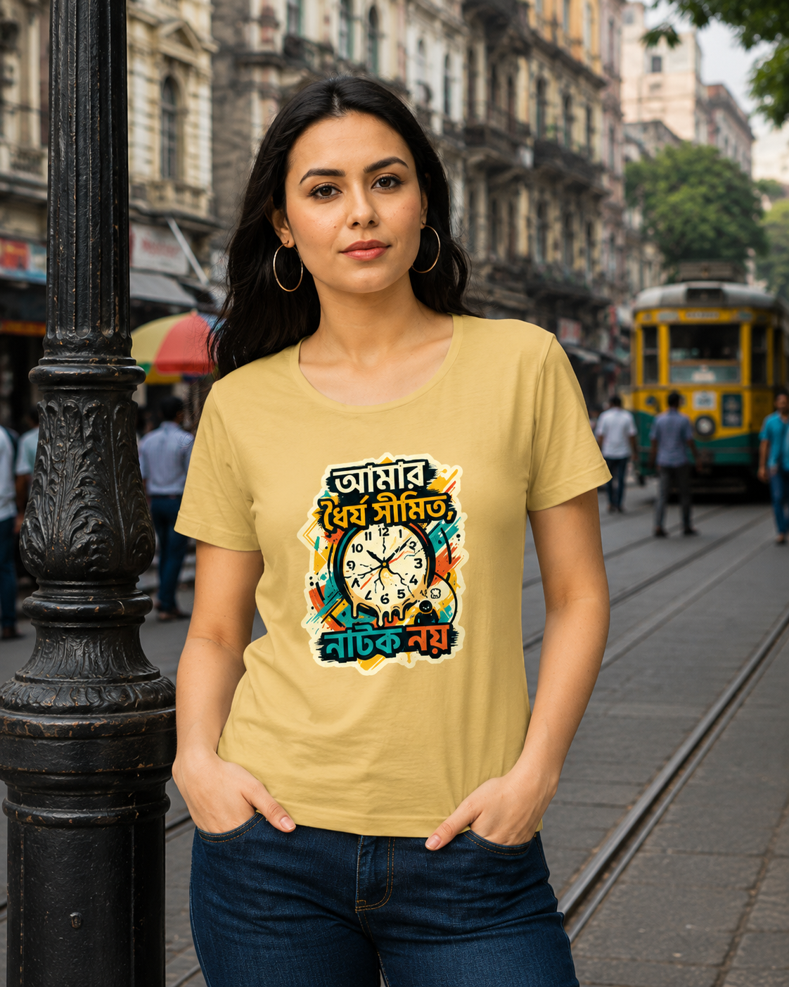 LUCE & SETE GPT mockup 1 - Limited Patience Bengali Typography Classic T-Shirt for Women | Bold Bengali Streetwear - 555_9395375341805_womens-classic-t-shirt-123_BENGALI_front_HERO_20260609_184059.png