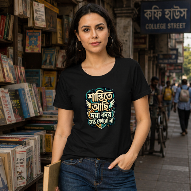 LUCE & SETE GPT mockup 1 - Peaceful Bengali Statement Classic Graphic T-Shirt for Women | Calm Attitude Streetwear - 555_9395375603949_womens-classic-t-shirt-124_BENGALI_GRID_20260609_184158_01_row1_col1.png
