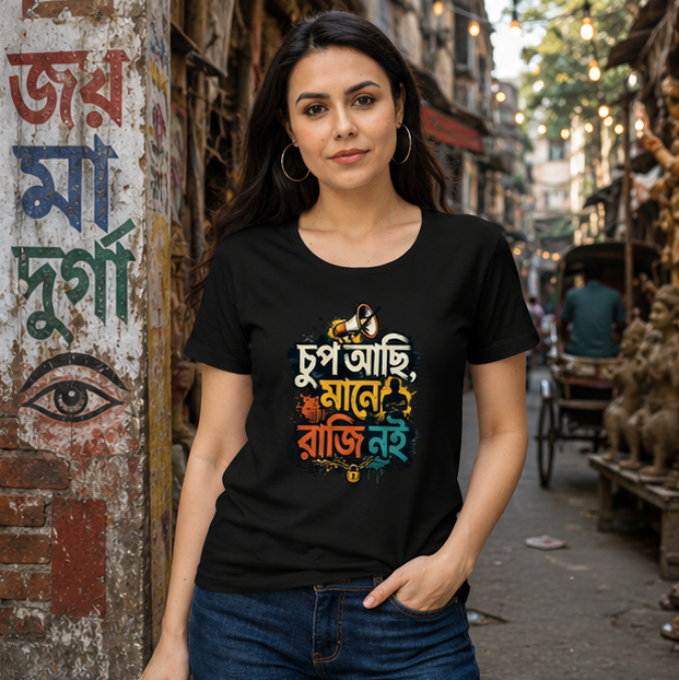 LUCE & SETE GPT mockup 1 - চুপ আছি মানে রাজি নই Classic Graphic T-Shirt for Women | Bold Bengali Statement - 555_9395375735021_womens-classic-t-shirt-126_BENGALI_GRID_20260609_184914_02_row1_col2.png