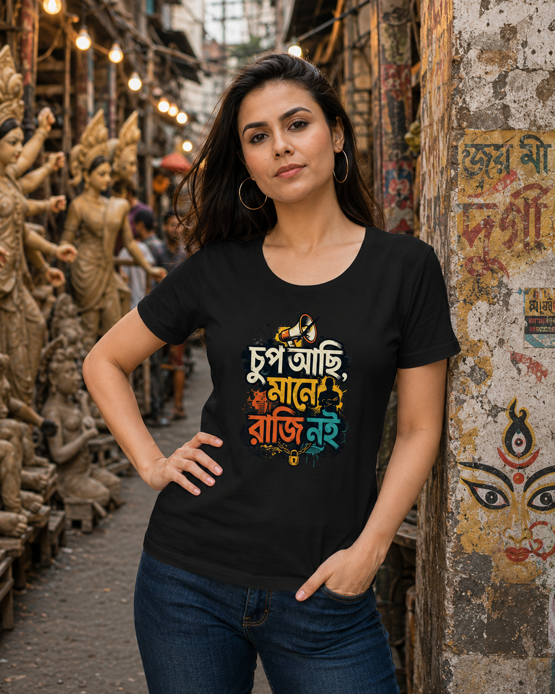 LUCE & SETE GPT mockup 1 - চুপ আছি মানে রাজি নই Classic Graphic T-Shirt for Women | Bold Bengali Statement - 555_9395375735021_womens-classic-t-shirt-126_BENGALI_front_HERO_20260609_185037.png