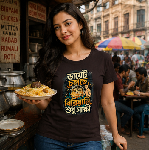 LUCE & SETE GPT mockup 1 - Diet Chasing Biryani Graphic Classic T-Shirt for Women | Bengali Food Humor - 555_9395376095469_womens-classic-t-shirt-128_BENGALI_GRID_20260609_185545_01_row1_col1.png