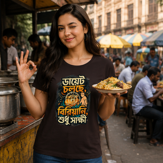 LUCE & SETE GPT mockup 1 - Diet Chasing Biryani Graphic Classic T-Shirt for Women | Bengali Food Humor - 555_9395376095469_womens-classic-t-shirt-128_BENGALI_GRID_20260609_185545_02_row1_col2.png