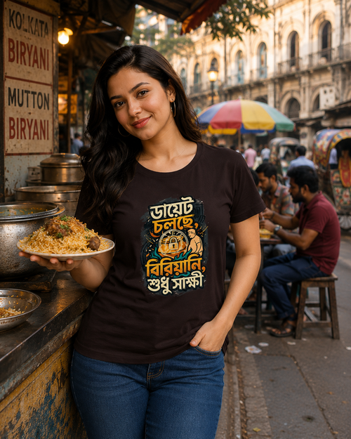 LUCE & SETE GPT mockup 1 - Diet Chasing Biryani Graphic Classic T-Shirt for Women | Bengali Food Humor - 555_9395376095469_womens-classic-t-shirt-128_BENGALI_front_HERO_20260609_185718.png