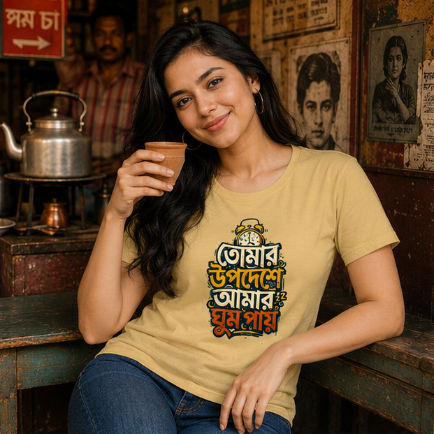 LUCE & SETE GPT mockup 1 - তোমার উপদেষো আমার ঘুম পায় Classic Graphic T-Shirt for Women | Bengali Statement T-Shirt - 555_9395376357613_womens-classic-t-shirt-129_BENGALI_GRID_20260609_185915_01_row1_col1.png