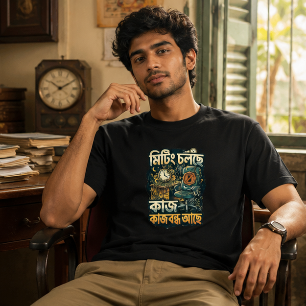 LUCE & SETE GPT mockup 1 - Meeting in Progress Bengali Typography Classic Graphic T-Shirt for Men | Witty Office Humor - 555_9395637453037_unisex-classic-crew-t-shirt-119_BENGALI_GRID_20260609_215922_01_row1_col1.png