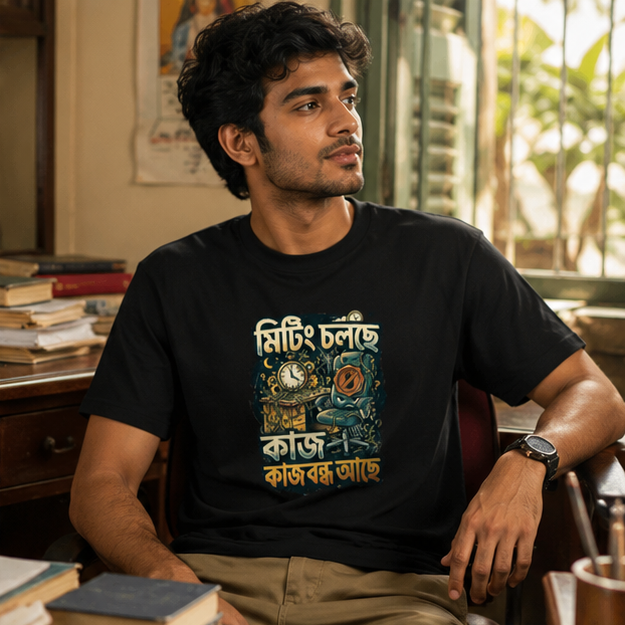 LUCE & SETE GPT mockup 1 - Meeting in Progress Bengali Typography Classic Graphic T-Shirt for Men | Witty Office Humor - 555_9395637453037_unisex-classic-crew-t-shirt-119_BENGALI_GRID_20260609_215922_02_row1_col2.png