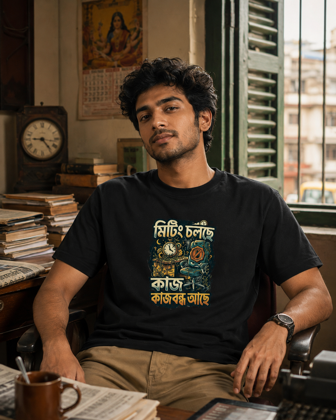 LUCE & SETE GPT mockup 1 - Meeting in Progress Bengali Typography Classic Graphic T-Shirt for Men | Witty Office Humor - 555_9395637453037_unisex-classic-crew-t-shirt-119_BENGALI_front_HERO_20260609_220028.png