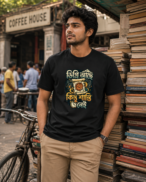 LUCE & SETE GPT mockup 1 - Degree but No Peace Bengali Typography Classic T-Shirt for Men | Witty Bengali Pride - 555_9395637584109_unisex-classic-crew-t-shirt-120_BENGALI_front_HERO_20260609_220359.png