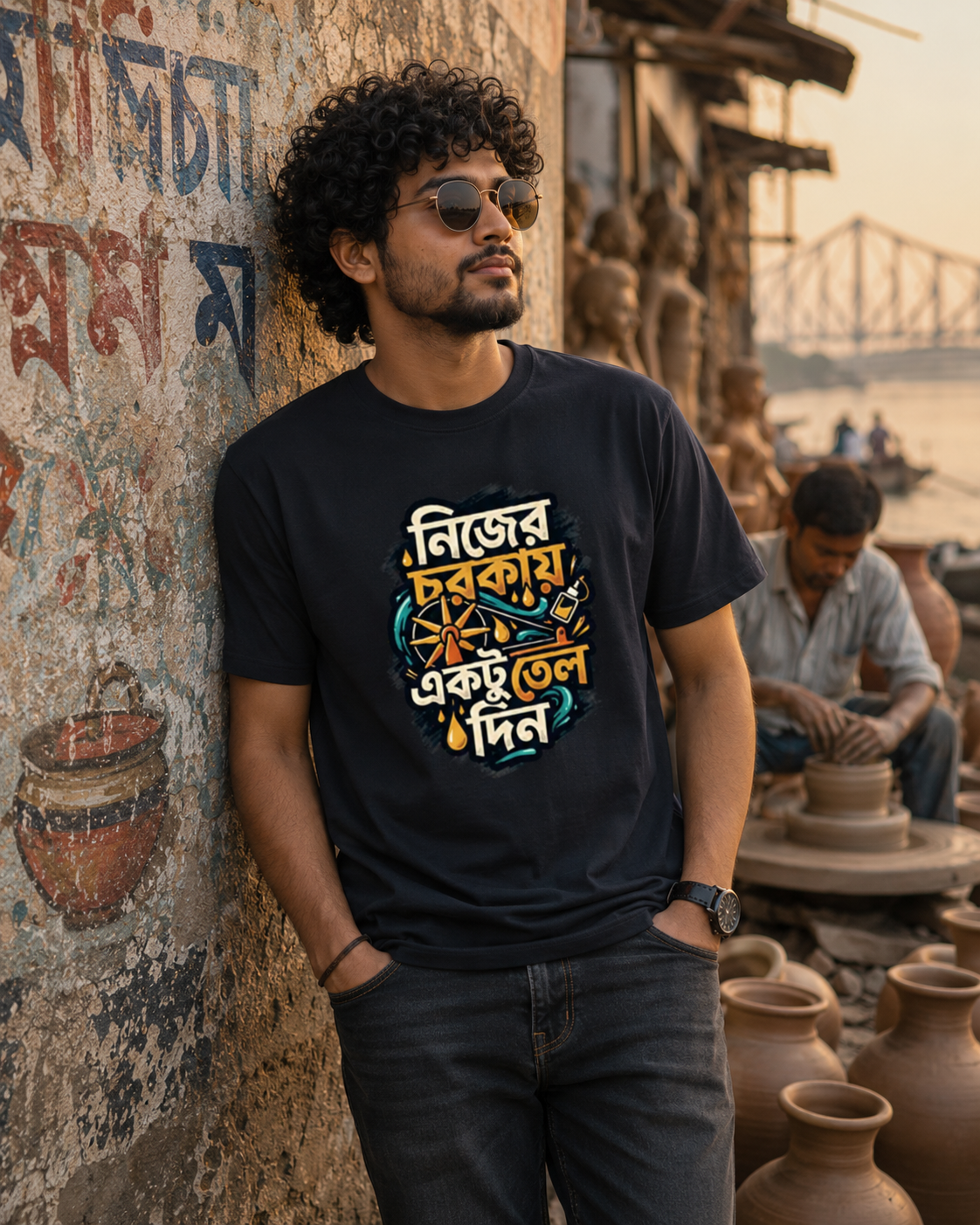 LUCE & SETE GPT mockup 1 - নিজের চরকায় একটু তেল দিন Classic Graphic T-Shirt for Men | Bengali Pride Streetwear - 555_9395639484653_unisex-classic-crew-t-shirt-126_BENGALI_front_HERO_20260609_222451.png