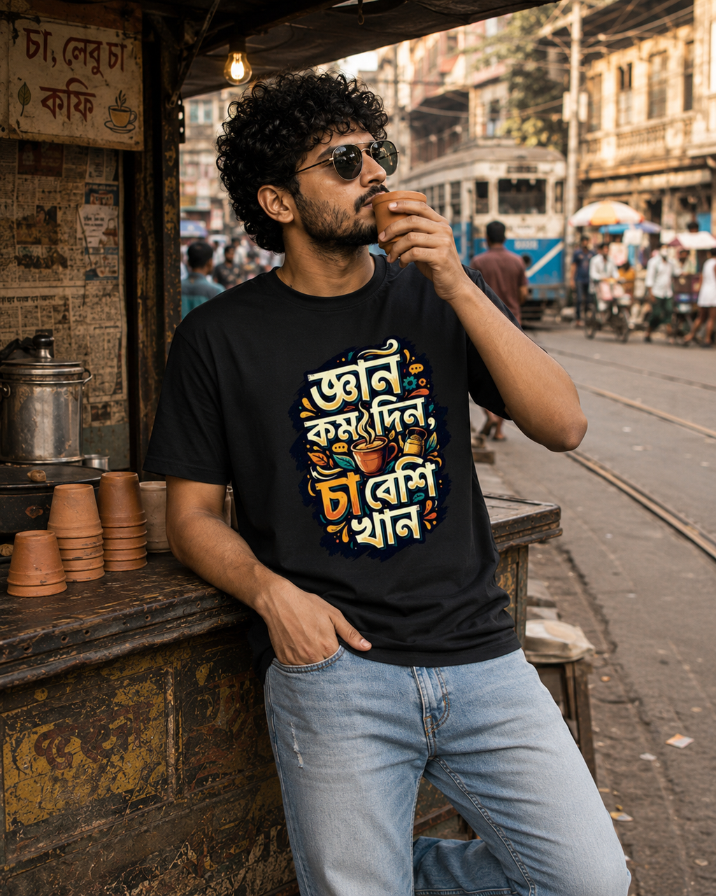 LUCE & SETE GPT mockup 1 - ভোরান কম দিন চা বেশি খান Classic Graphic T-Shirt for Men | Bengali Tea Humor - 555_9395639910637_unisex-classic-crew-t-shirt-128_BENGALI_front_HERO_20260609_223216.png