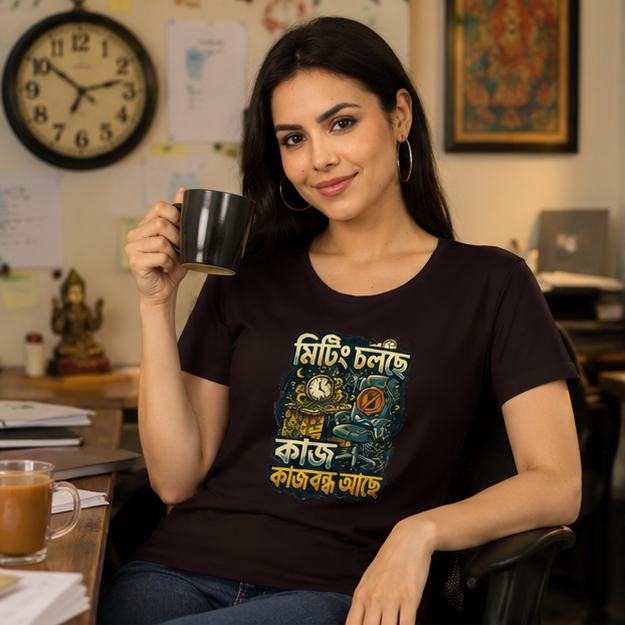 LUCE & SETE GPT mockup 1 - Meeting in Progress Sarcastic Graphic Classic T-Shirt for Women | Bengali Work Humor - 555_9396041908461_womens-classic-t-shirt-130_BENGALI_GRID_20260610_082819_01_row1_col1.png