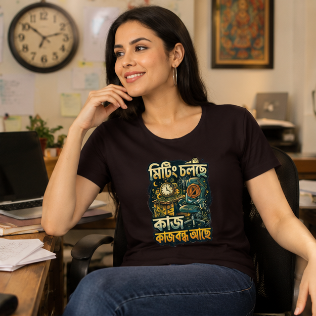LUCE & SETE GPT mockup 1 - Meeting in Progress Sarcastic Graphic Classic T-Shirt for Women | Bengali Work Humor - 555_9396041908461_womens-classic-t-shirt-130_BENGALI_GRID_20260610_082819_02_row1_col2.png
