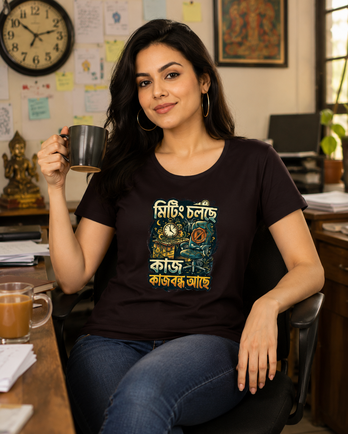 LUCE & SETE GPT mockup 1 - Meeting in Progress Sarcastic Graphic Classic T-Shirt for Women | Bengali Work Humor - 555_9396041908461_womens-classic-t-shirt-130_BENGALI_front_HERO_20260610_082921.png