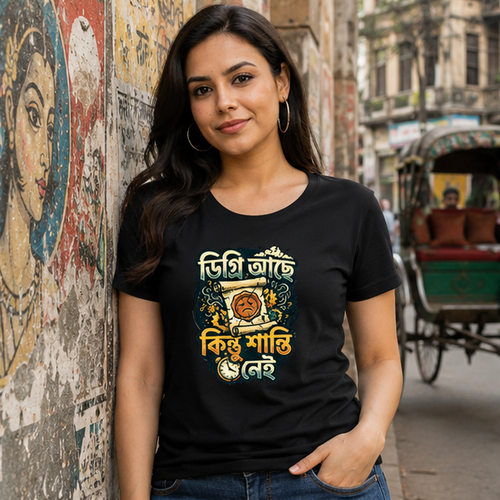 LUCE & SETE GPT mockup 1 - Degree but No Peace Classic Graphic T-Shirt for Women | Bengali Sarcasm Streetwear - 555_9396042072301_womens-classic-t-shirt-131_BENGALI_GRID_20260610_083029_01_row1_col1.png