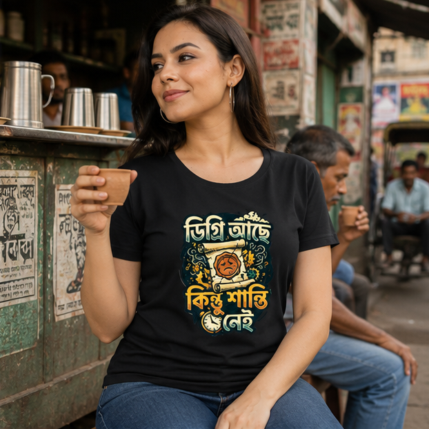 LUCE & SETE GPT mockup 1 - Degree but No Peace Classic Graphic T-Shirt for Women | Bengali Sarcasm Streetwear - 555_9396042072301_womens-classic-t-shirt-131_BENGALI_GRID_20260610_083029_02_row1_col2.png