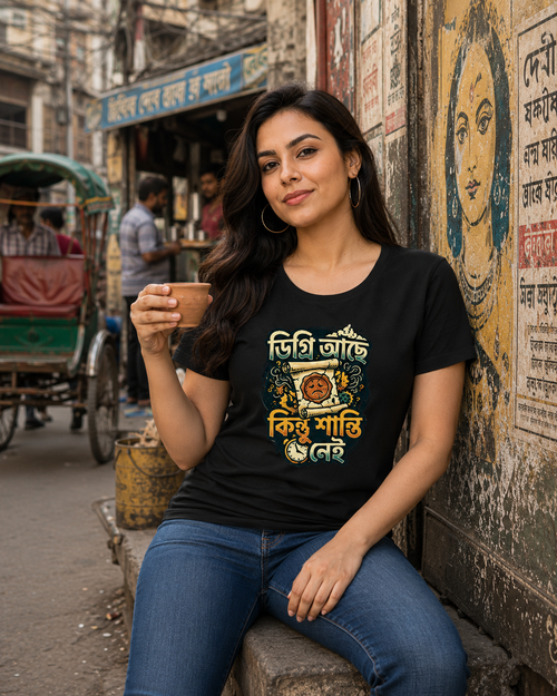 LUCE & SETE GPT mockup 1 - Degree but No Peace Classic Graphic T-Shirt for Women | Bengali Sarcasm Streetwear - 555_9396042072301_womens-classic-t-shirt-131_BENGALI_front_HERO_20260610_083146.png