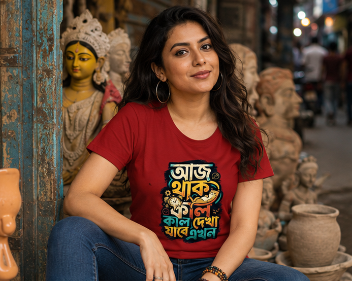 LUCE & SETE GPT mockup 1 - আজ থাক কাল দেখা যাবে Classic Graphic T-Shirt for Women | Bengali Motivational Streetwear - 555_9396042334445_womens-classic-t-shirt-134_BENGALI_GRID_20260610_084003_01_row1_col1.png