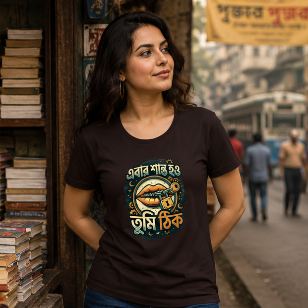 LUCE & SETE GPT mockup 1 - এবার শান্তিও তুমি ঠিক Classic Graphic T-Shirt for Women | Bold Bengali Statement - 555_9396042399981_womens-classic-t-shirt-135_BENGALI_GRID_20260610_084336_02_row1_col2.png