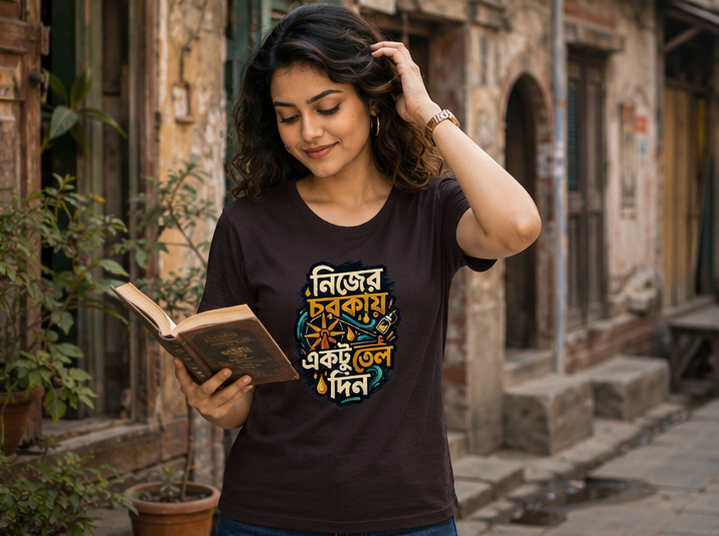 LUCE & SETE GPT mockup 1 - নিজের চরকায় একটু তেল দিন Classic Graphic T-Shirt for Women | Bengali Pride Streetwear - 555_9396042563821_womens-classic-t-shirt-137_BENGALI_GRID_20260610_084941_02_row1_col2.png