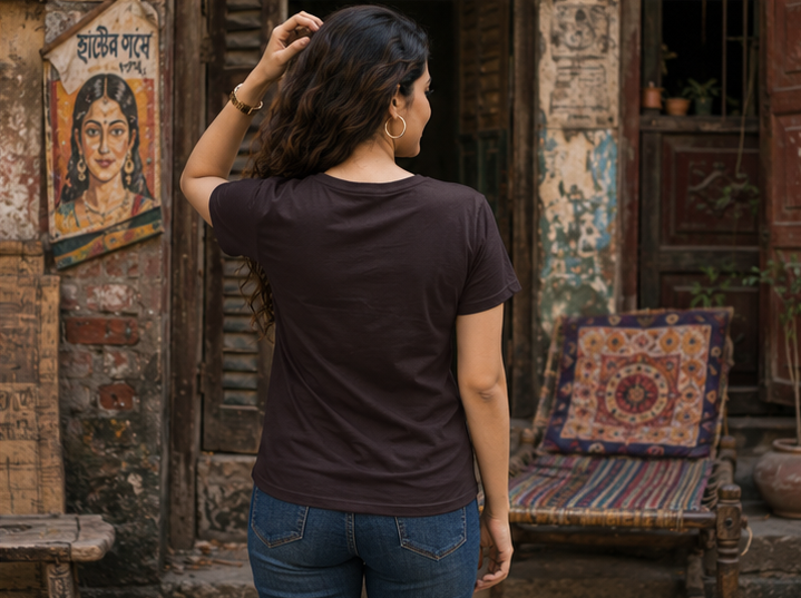 LUCE & SETE GPT mockup 1 - নিজের চরকায় একটু তেল দিন Classic Graphic T-Shirt for Women | Bengali Pride Streetwear - 555_9396042563821_womens-classic-t-shirt-137_BENGALI_GRID_20260610_084941_04_row2_col2.png