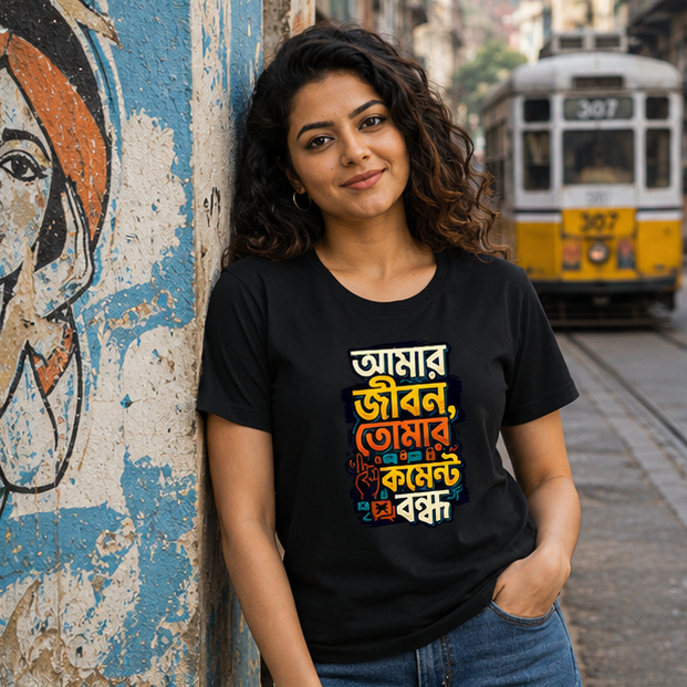 LUCE & SETE GPT mockup 1 - আমার জীবন তোমার কমেন্ট বন্ধ Classic Graphic T-Shirt for Women | Bengali Attitude Streetwear - 555_9396042662125_womens-classic-t-shirt-138_BENGALI_GRID_20260610_085323_01_row1_col1.png