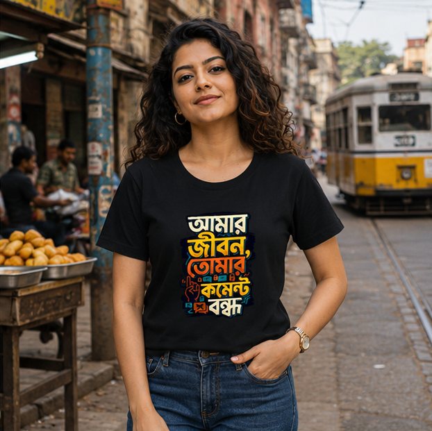 LUCE & SETE GPT mockup 1 - আমার জীবন তোমার কমেন্ট বন্ধ Classic Graphic T-Shirt for Women | Bengali Attitude Streetwear - 555_9396042662125_womens-classic-t-shirt-138_BENGALI_GRID_20260610_085323_02_row1_col2.png
